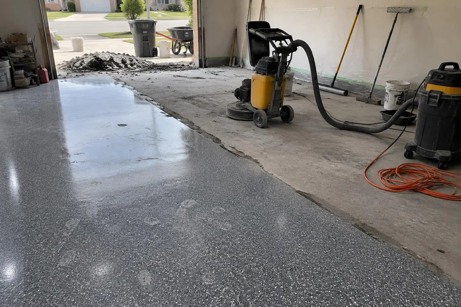Garage en cours de travaux : moitié du plancher à flocons posée, ponceuse à béton, aspirateur, débris et poussière