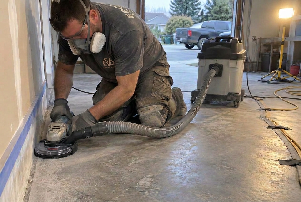 Meuleuse portative reliée à un aspirateur industriel sur une dalle de béton